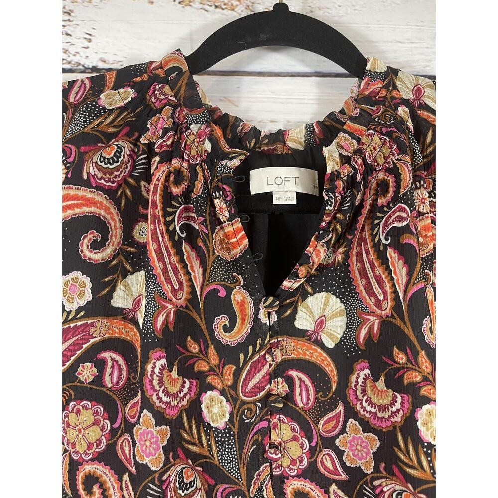 LOFT Blouse Women's Size MP Black Paisley Ruffle V Neck Long Sleeve Sheer Lined - Picture 7 of 11